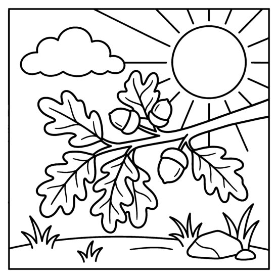 Oak branch with lobed leaves and hanging acorns under a rayed sun, coloring sheet
