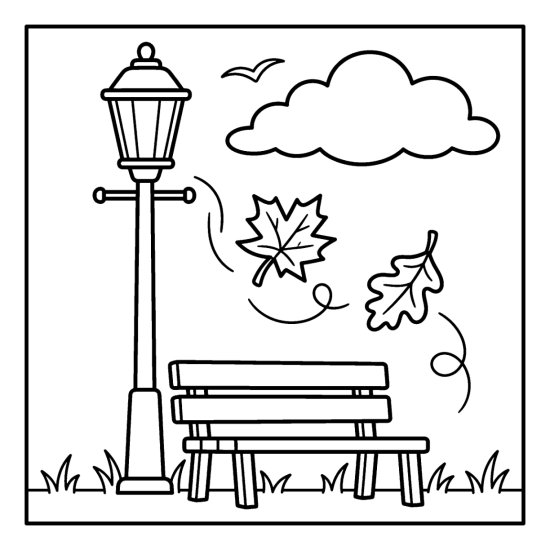 Tall lamppost and a bench with two leaves twirling down past a cloud, coloring page