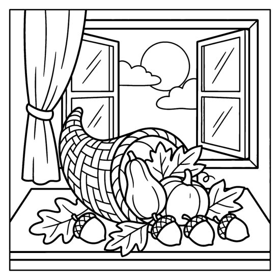Cornucopia spilling leaves gourds and acorns across a table by a window, coloring sheet