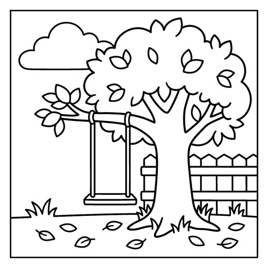 Broad tree with a rope swing and scattered leaves over the grass, coloring page