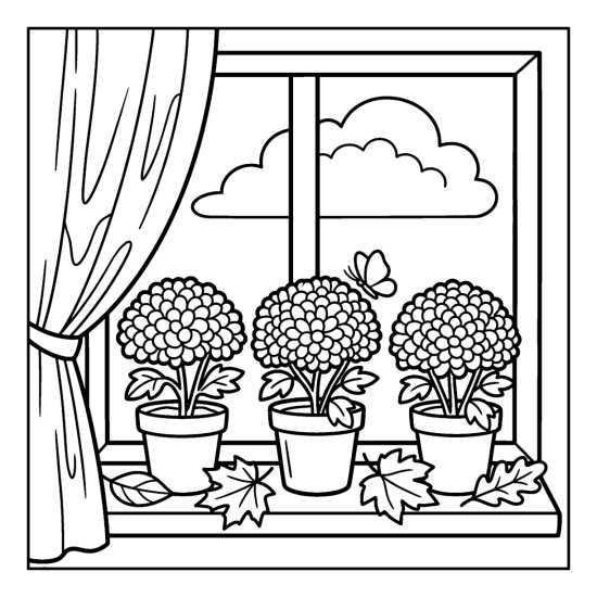 Three potted mums on a windowsill with a butterfly and scattered leaves, coloring sheet