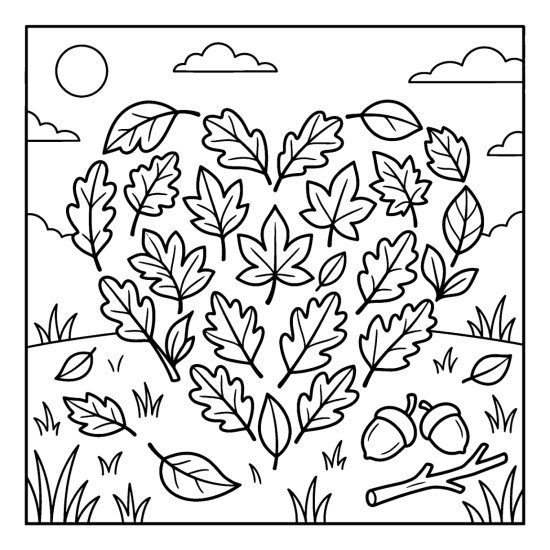 Heart shaped arrangement of autumn leaves on grass beside acorns and a twig, coloring page