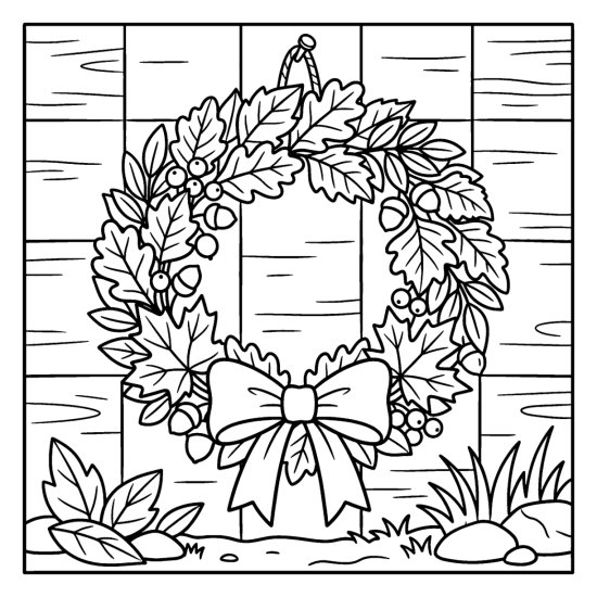 Round wreath of mixed leaves and berries with a bow on plank boards, coloring sheet