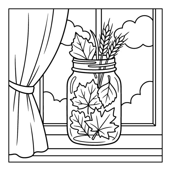 Mason jar holding leaves and wheat on a windowsill by a curtain, coloring page