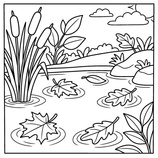 Autumn leaves floating on a calm pond with tall reeds at the edge, coloring sheet
