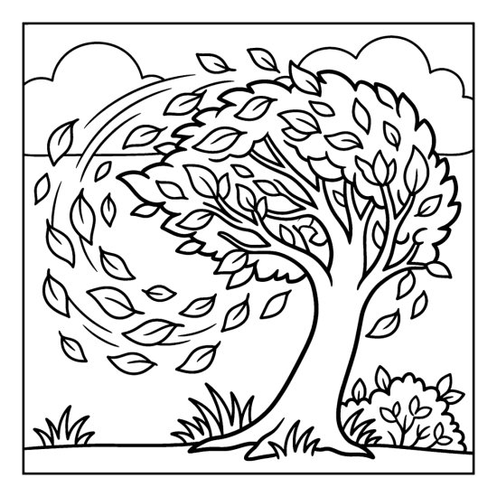 Leafy tree bending in the wind as leaves swirl off its branches, coloring page