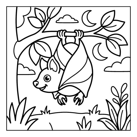 Round bat hanging upside down from a leafy branch with folded wings under a crescent moon, coloring page