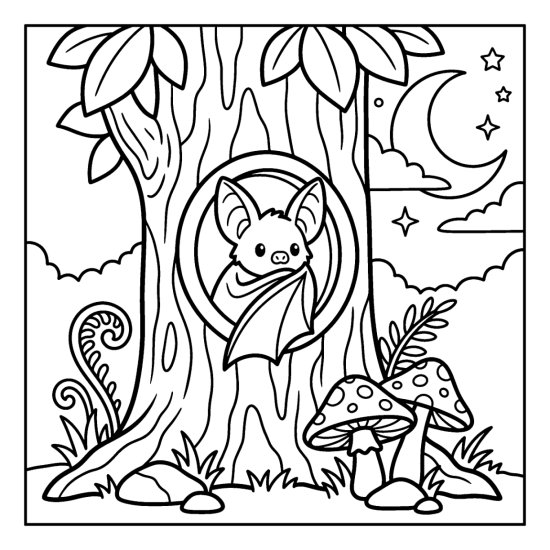 Bat peeking from a round hollow in a thick tree trunk with toadstools and a fern below, bold and easy
