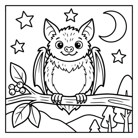 Fuzzy round bat perched upright on a branch with folded wings beside berries and leaves, coloring page