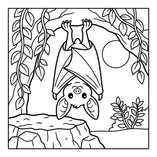 Bat hanging at a vine framed cave mouth above a small bush under a full moon, coloring sheet
