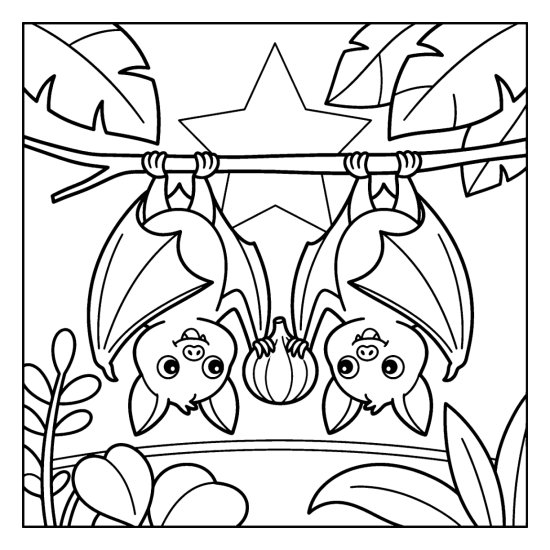 Two bats hanging side by side sharing a round fruit among big jungle leaves, bold and easy