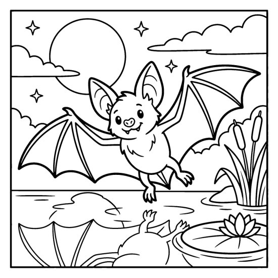 Bat skimming over a moonlit pond with tall reeds and a lily pad below, coloring page