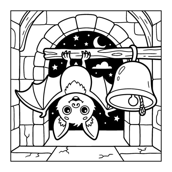 Bat hanging from a beam inside a stone bell tower beside a large round bell, coloring sheet