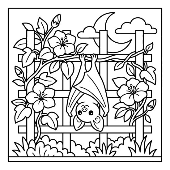 Bat hanging from a flowering vine on a garden trellis under a crescent moon, bold and easy