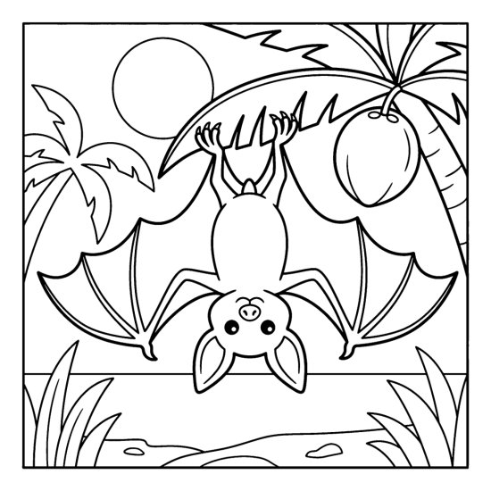 Fruit bat hanging from a palm frond beside a round coconut under a full moon, coloring page