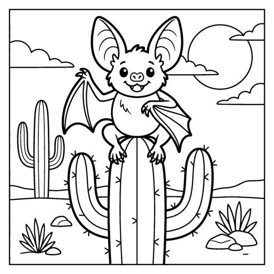 Big eared bat perched on a tall saguaro cactus in the desert at night, coloring sheet
