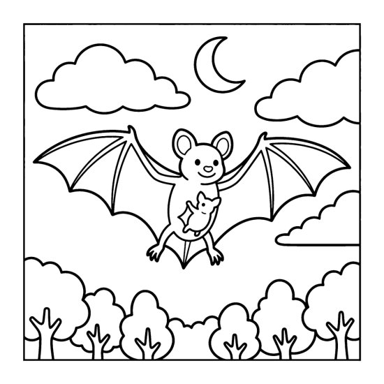 Bat flying with spread wings and a pup clinging to her belly among clouds, bold and easy