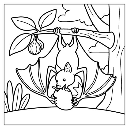 Fruit bat hanging from a jungle branch nibbling a round mango among big leaves, coloring sheet
