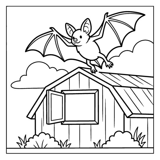 Bat fluttering out of an open barn loft window with wings spread, coloring page