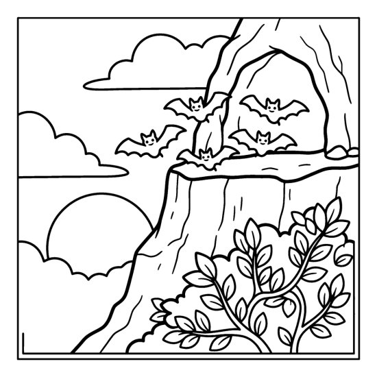 Several little bats streaming out of a cave mouth in a cliff at dusk, coloring sheet