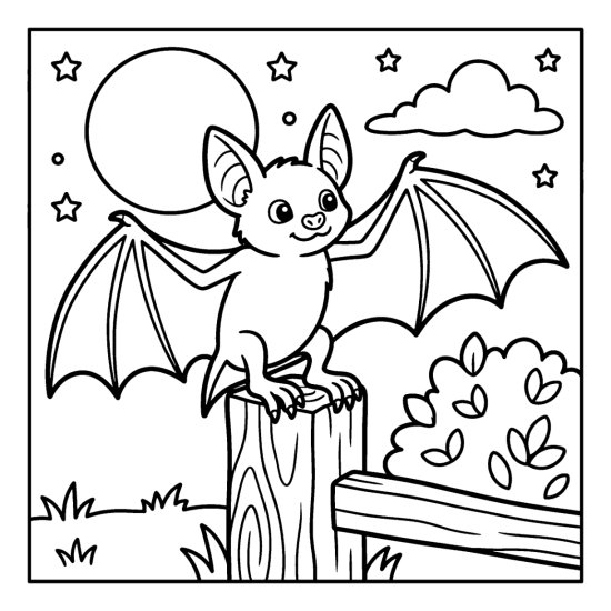 Bat perched on a wooden fence post with half open wings under a full moon, bold and easy