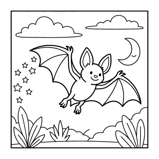 Bat flying across a starry sky with a trail of stars and a crescent moon, coloring page