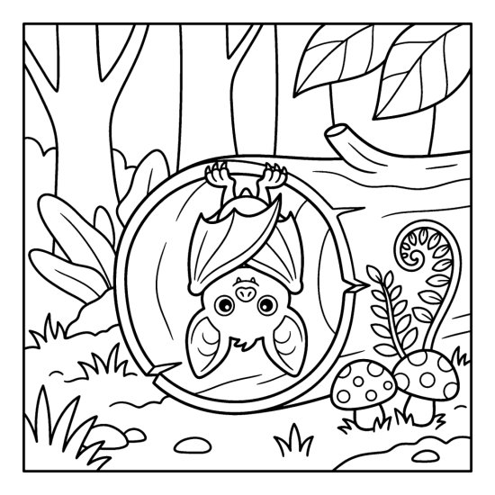 Bat hanging inside a hollow fallen log with mushrooms and a fern in a forest, coloring sheet