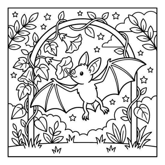 Bat hovering with open wings to sip from a hanging trumpet flower on a garden arch, bold and easy