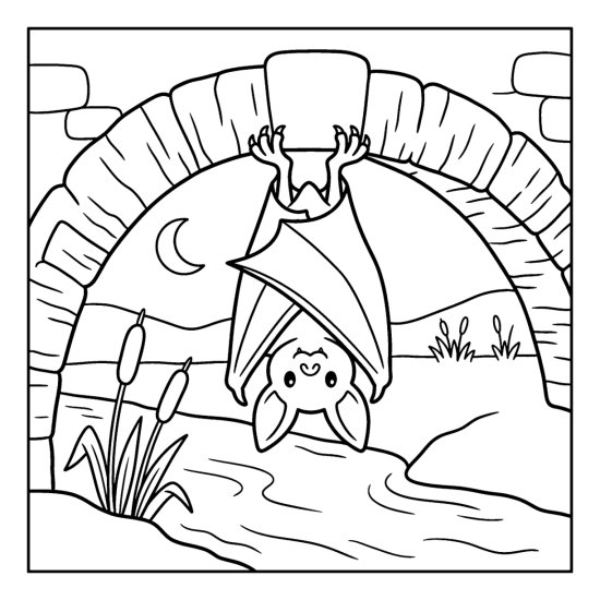 Bat roosting under a stone bridge arch over a gentle stream with reeds, coloring page