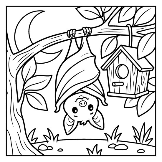 Bat hanging from a branch beside a small wooden birdhouse under a crescent moon, coloring sheet