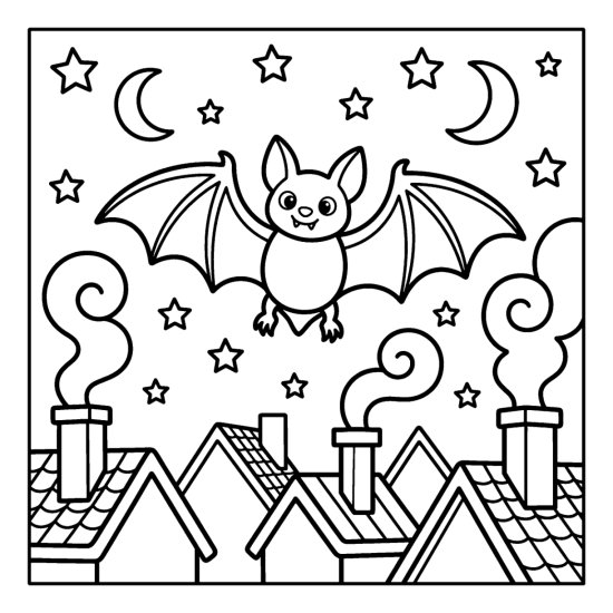Bat flying over village rooftops with tall chimneys and rising smoke at night, bold and easy