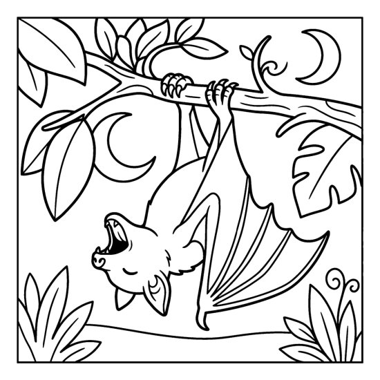Bat hanging upside down mid yawn on a leafy branch under a crescent moon, coloring page