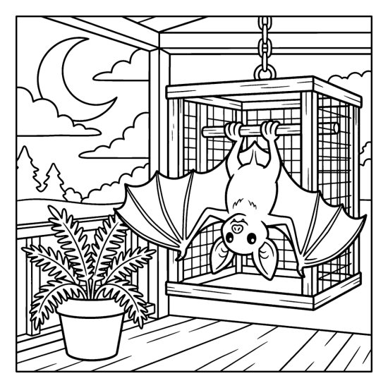 Bat hanging inside an open wooden birdcage on a porch beside a potted fern, coloring sheet