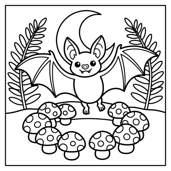 Bat hovering with spread wings above a ring of round mushrooms in a forest clearing, coloring page