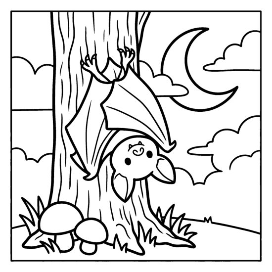 Bat clinging to a tall tree trunk with folded wings above mushrooms under a crescent moon, bold and easy