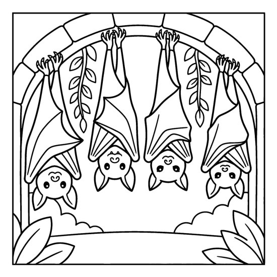 Four little bats roosting in a row under a high stone archway with trailing vines, coloring sheet