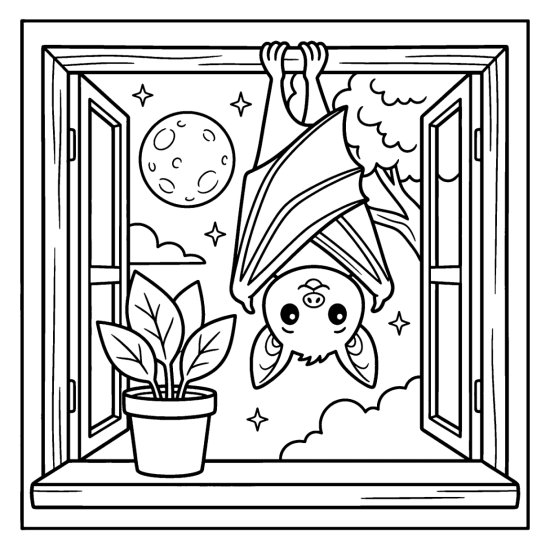 Bat hanging from an open window frame above a potted plant under a full moon, bold and easy