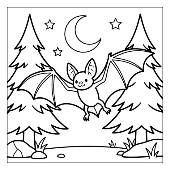 Bat gliding with wings spread between two tall pine treetops under a crescent moon, coloring page