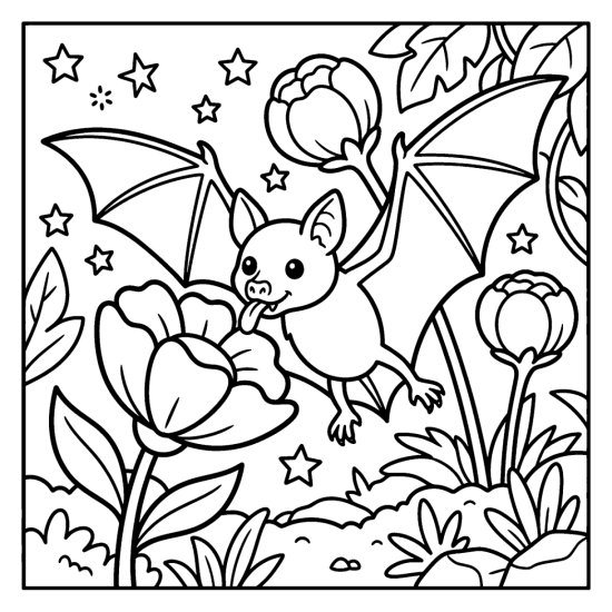 Bat hovering with open wings sipping from a large night blooming flower among stars, bold and easy