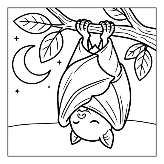 Chubby bat asleep hanging from a branch with wings wrapped around it like a blanket, coloring page