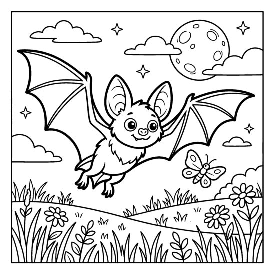Bat flying with spread wings chasing a fluttering moth over a flowery meadow, coloring sheet