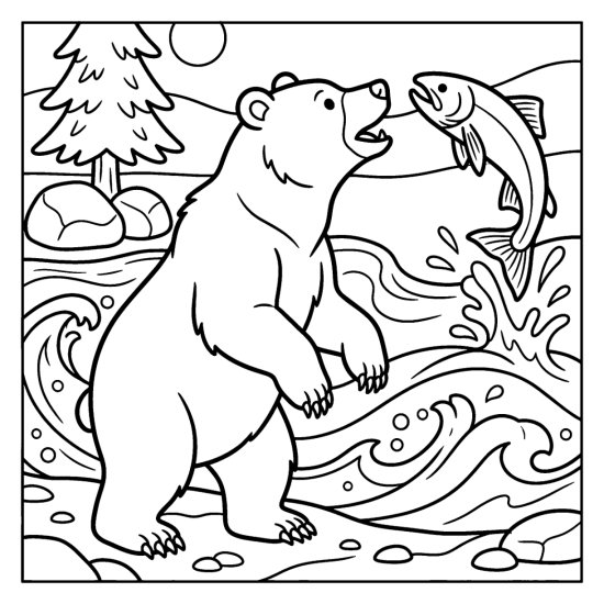 A bear in a rushing river snapping at a leaping salmon with bold outlines, coloring page