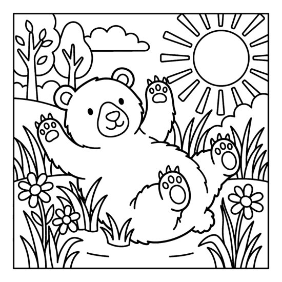 A bear flopped on its back in tall grass with four paws waving, bold and easy