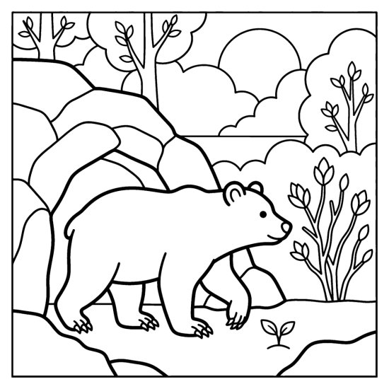 A bear stepping out of a rocky den mouth in early spring, coloring page