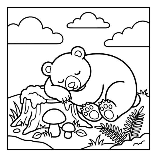A bear curled asleep beside a mossy tree stump with mushrooms, coloring sheet