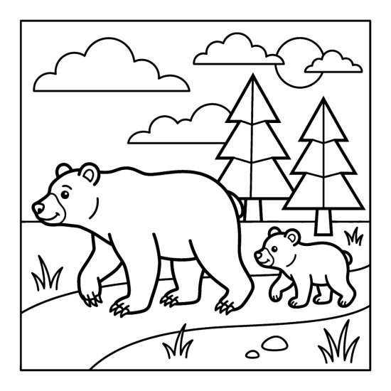 A mother bear ambling a woodland path with her cub close behind, bold and easy