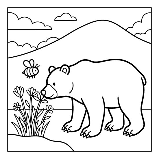 A bear dipping its nose to a clump of tall wildflowers in a meadow, coloring page