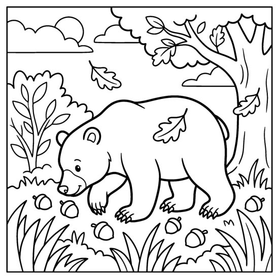 A bear nosing a scatter of round acorns under a broad oak, coloring sheet