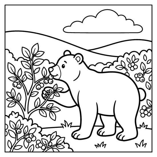A bear in a low blueberry thicket lipping fruit off a leafy shrub, bold and easy