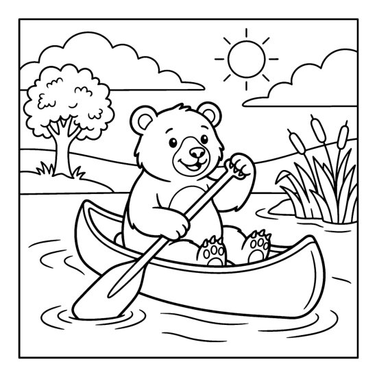 A bear paddling across a still lake above simple ripples, coloring page